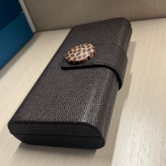 Laura Mercier Brown Pebbled Hardshell Structured Clutch Bag - Picture 5 of 8